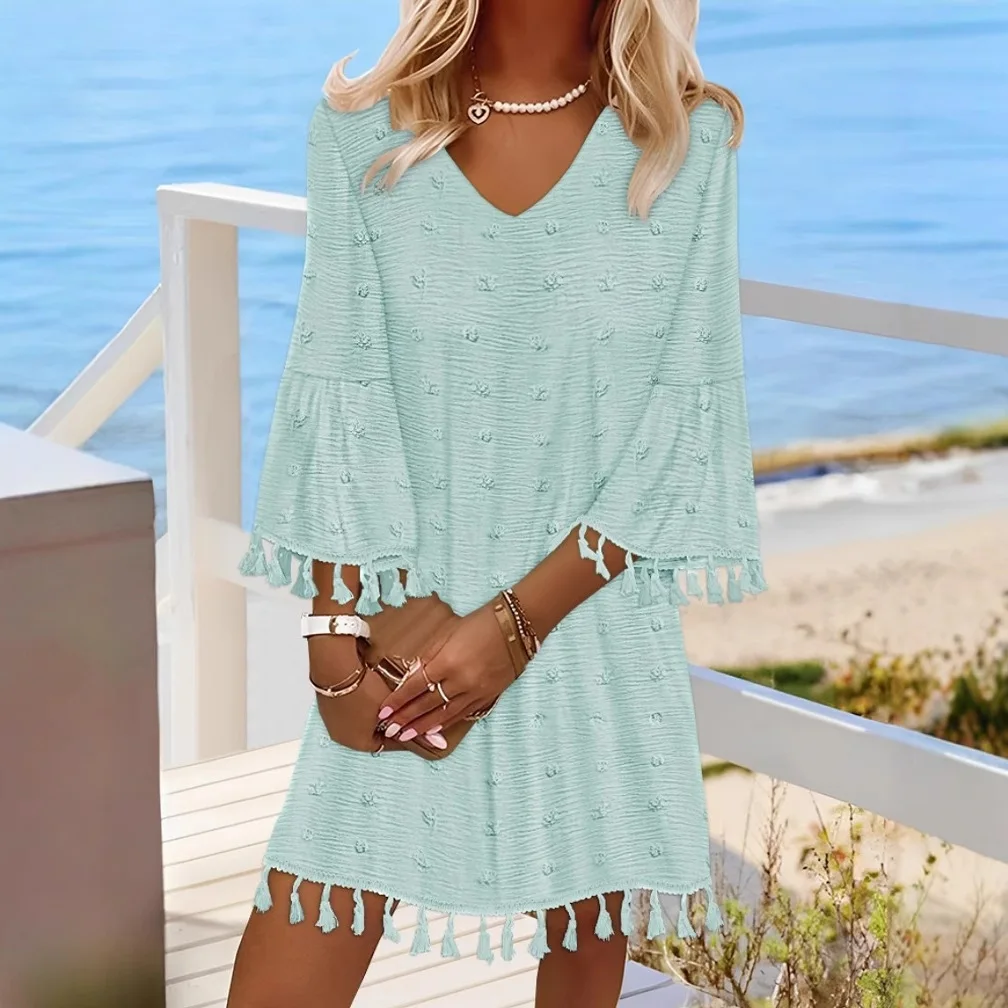 Robe Simple et élégante pour femmes, couleur unie, décontractée, col en v, manches évasées, pompon, décorative, ample, nouvelle collection printemps et automne 2025