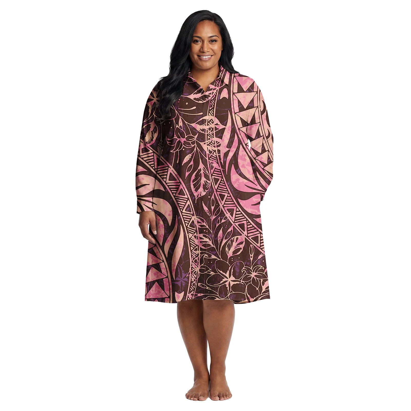 Tropical Pattern Polynesian Women's Party Wear Samoan Island Beach Casual Long Sleeve Shirts Dresses Hawaiian Dress for Ladies