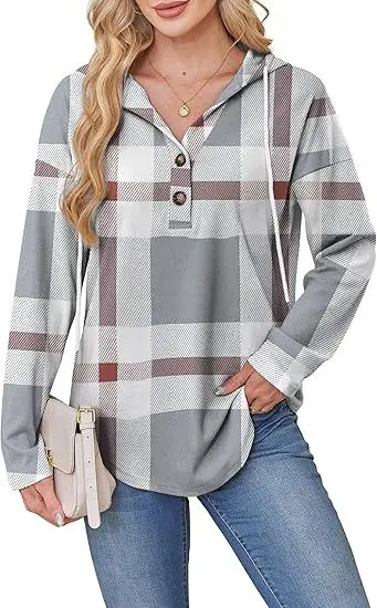 Women's Sweatshirt Retro Plaid Autumn Winter Loose And Versatile Commuter Style Top Long-sleeved Hooded V-neck Buttoned Clothes