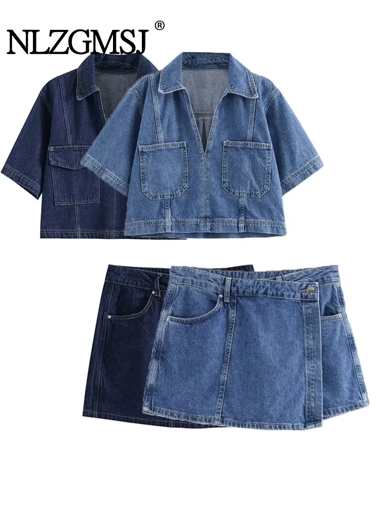 TRAF 2024 letnie Denim dwuczęściowy zestaw z krótkimi rękawami kieszonkowy damski Top Mini spodenki modne w stylu Casual, damska 2-częściowe zestawy