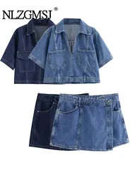 TRAF 2024 letnie Denim dwuczęściowy zestaw z krótkimi rękawami kieszonkowy damski Top Mini spodenki modne w stylu Casual, damska 2-częściowe zestawy Y2K