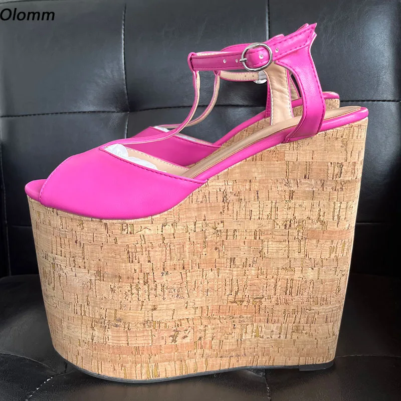 

Olomm Handmade Women Platform T- Strap Sandals Ultra High Wedges Heels Peep Toe Beautiful Fuchsia Casual Shoes Ladies Size 5-15