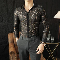 2023 High-quality Sexy Lace Shirt for Men Long Sleeve Slim Fit Casual Shirts Social Party Tuxedo Nightclub Blouse Men Clothing