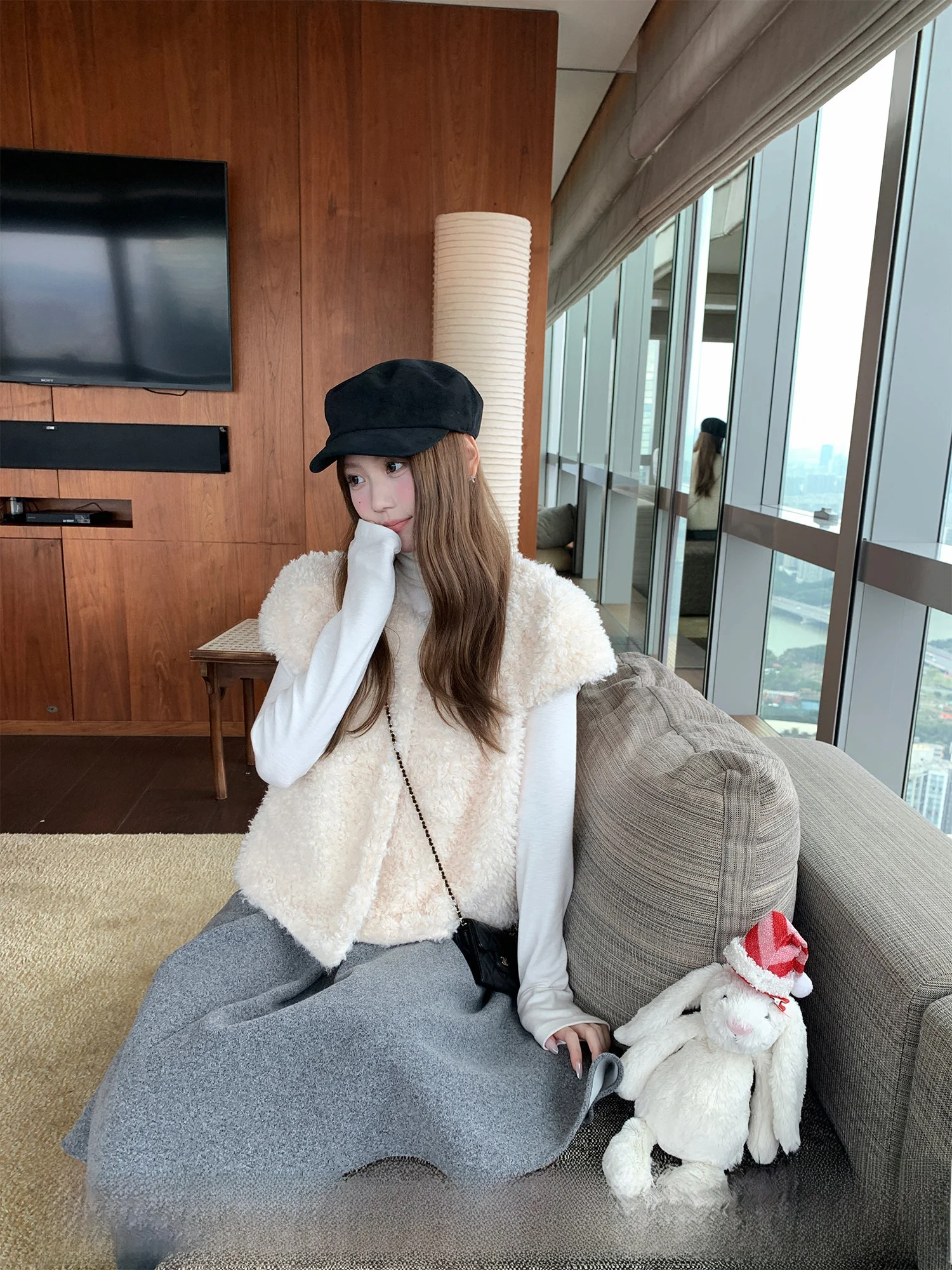 

Leiden Starry Night Korean Sle Furry Vest Outerwear Women's Loose ort Sve Oversized Cardigan School op Daily