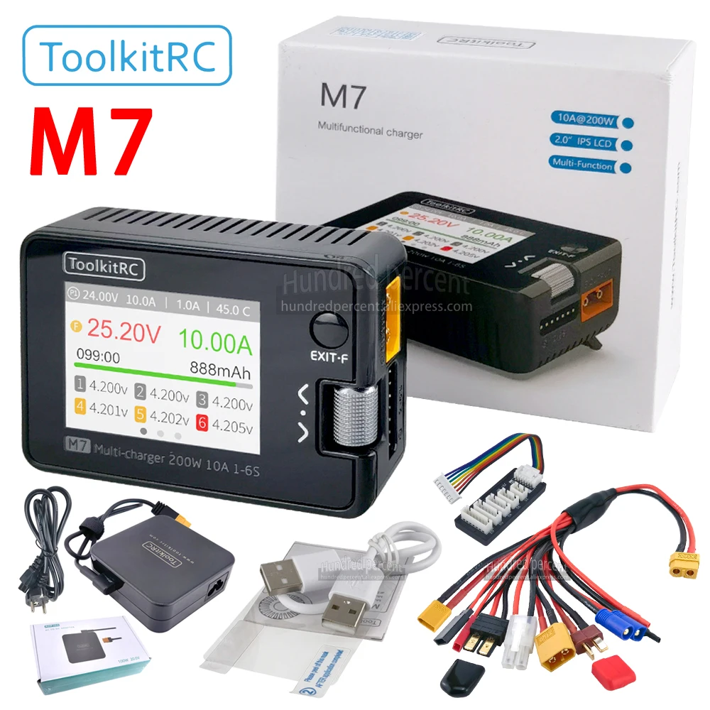 ToolkitRC M7 200W 10A DC Balance Charger Discharger for 1-6S Lipo Battery with With Voltage Checker ESC Tester Receiver ADP100