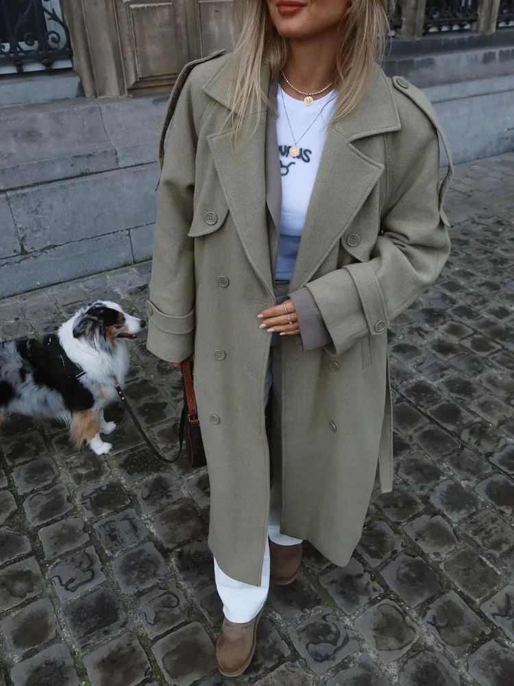 

Элегантное свободное пальто с поясом, женское двубортное пальто с отложным воротником и длинными рукавами, осень 2024, шикарная женская повседневная верхняя одежда
