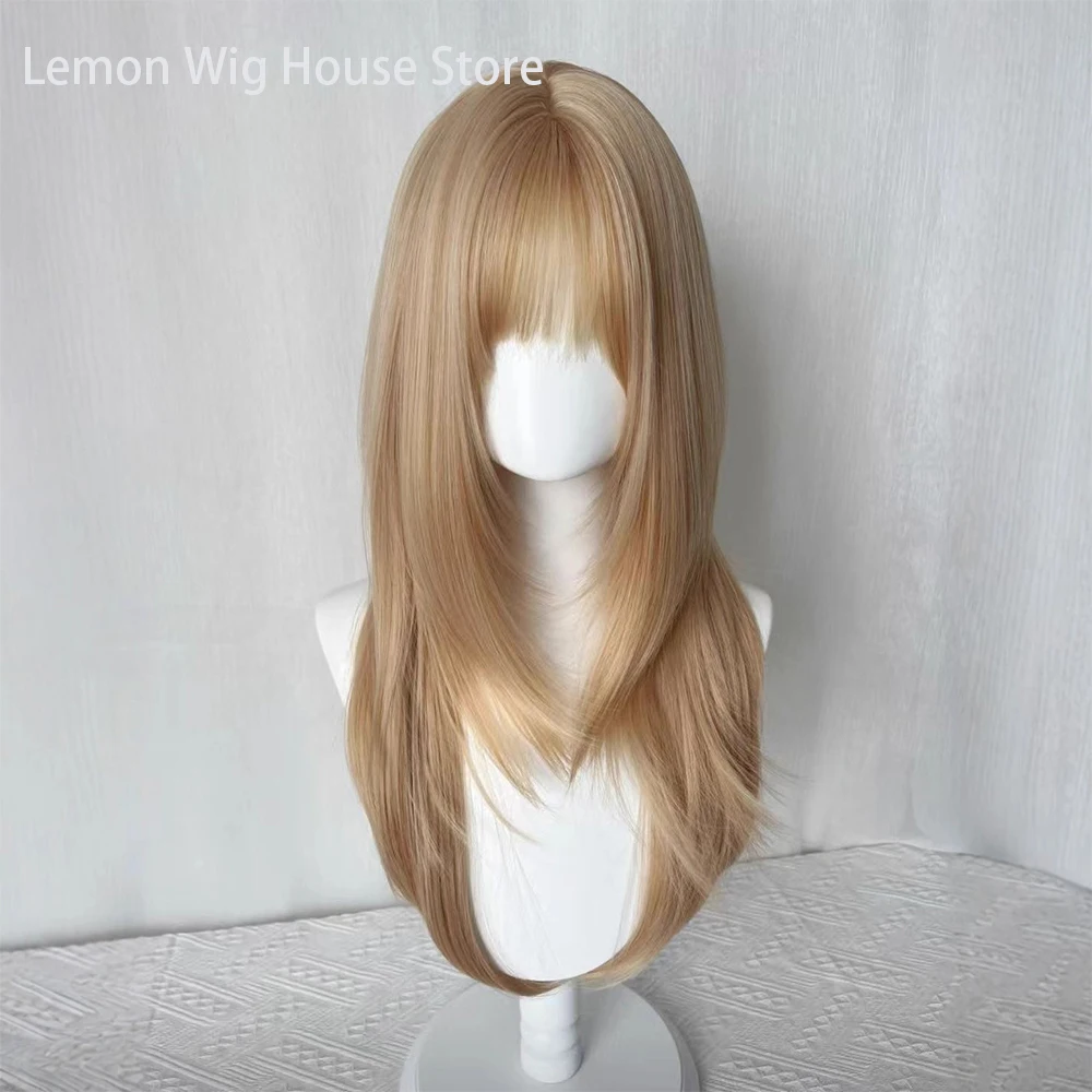 Picture 7: Flax Gold Synthetic Wig with Bangs Long Straight Hair High-Layered Lolita Wigs for Women's Daily Cosplay Wig Heat Resistant