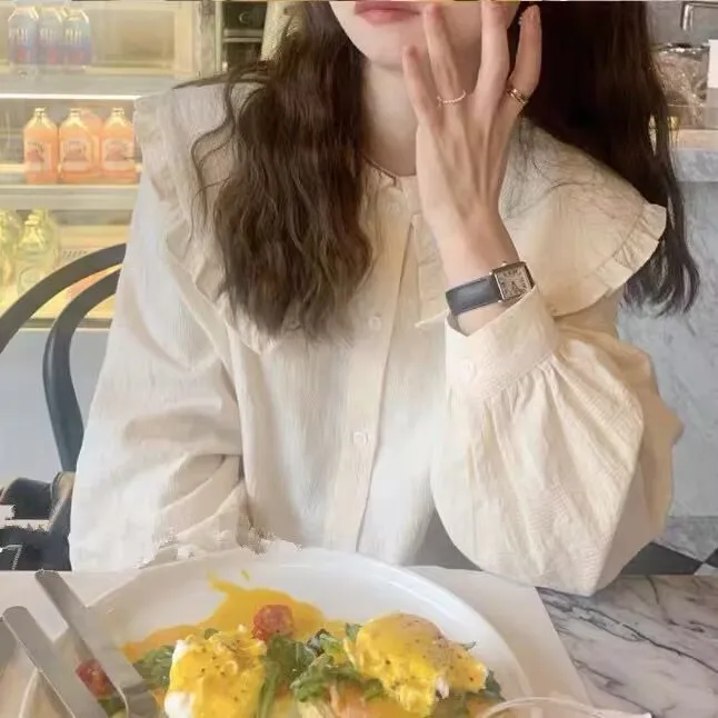 

Ele Long Sve Loose Collar Doll Collar irt Women's Spring Autumn New Design Sense Faionable Wooden Ear irt