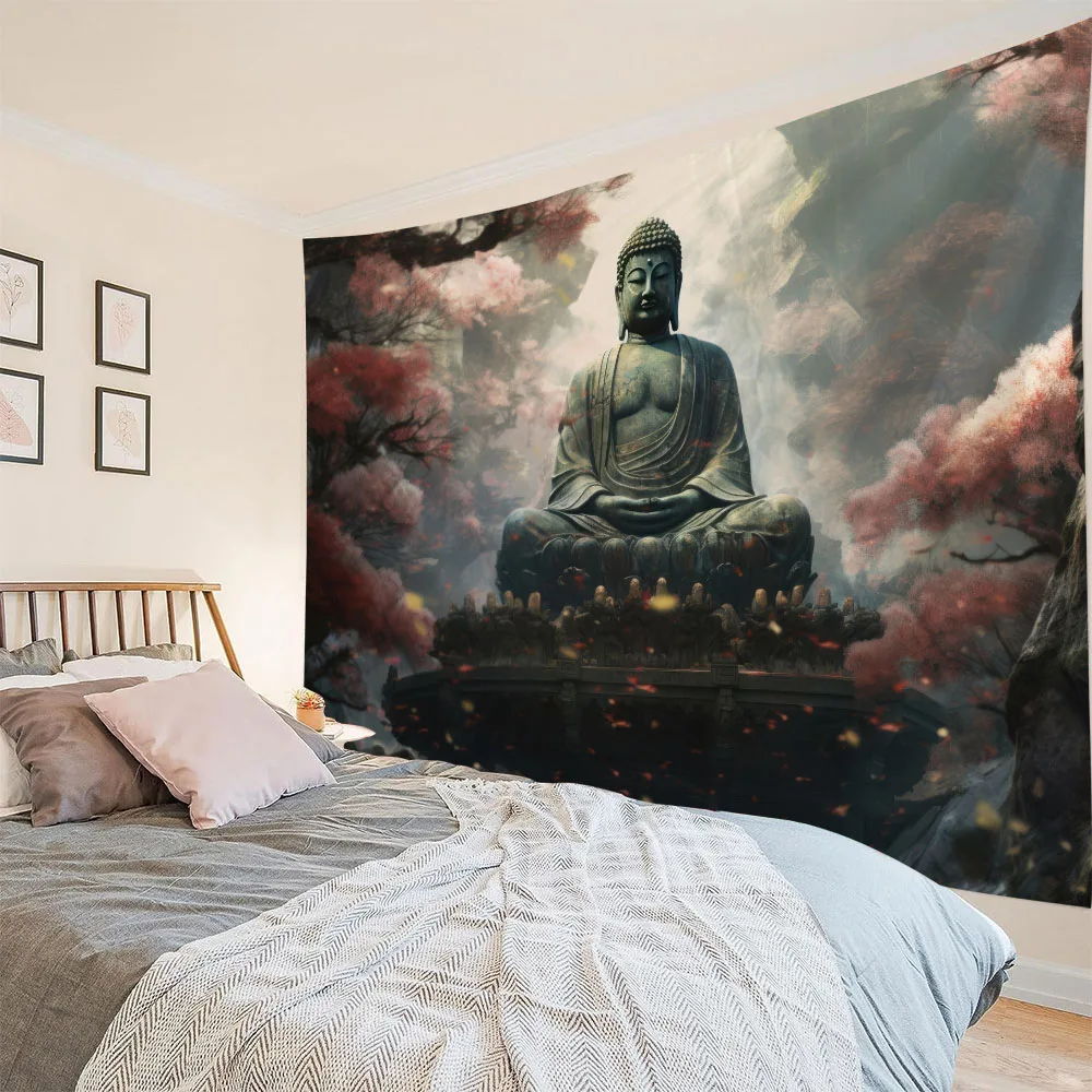 Flower Buddha Statue Tapestry Meditation Mandala Lotus Wall Decoration Background Poster Studio Home Decoration Fabric Mural