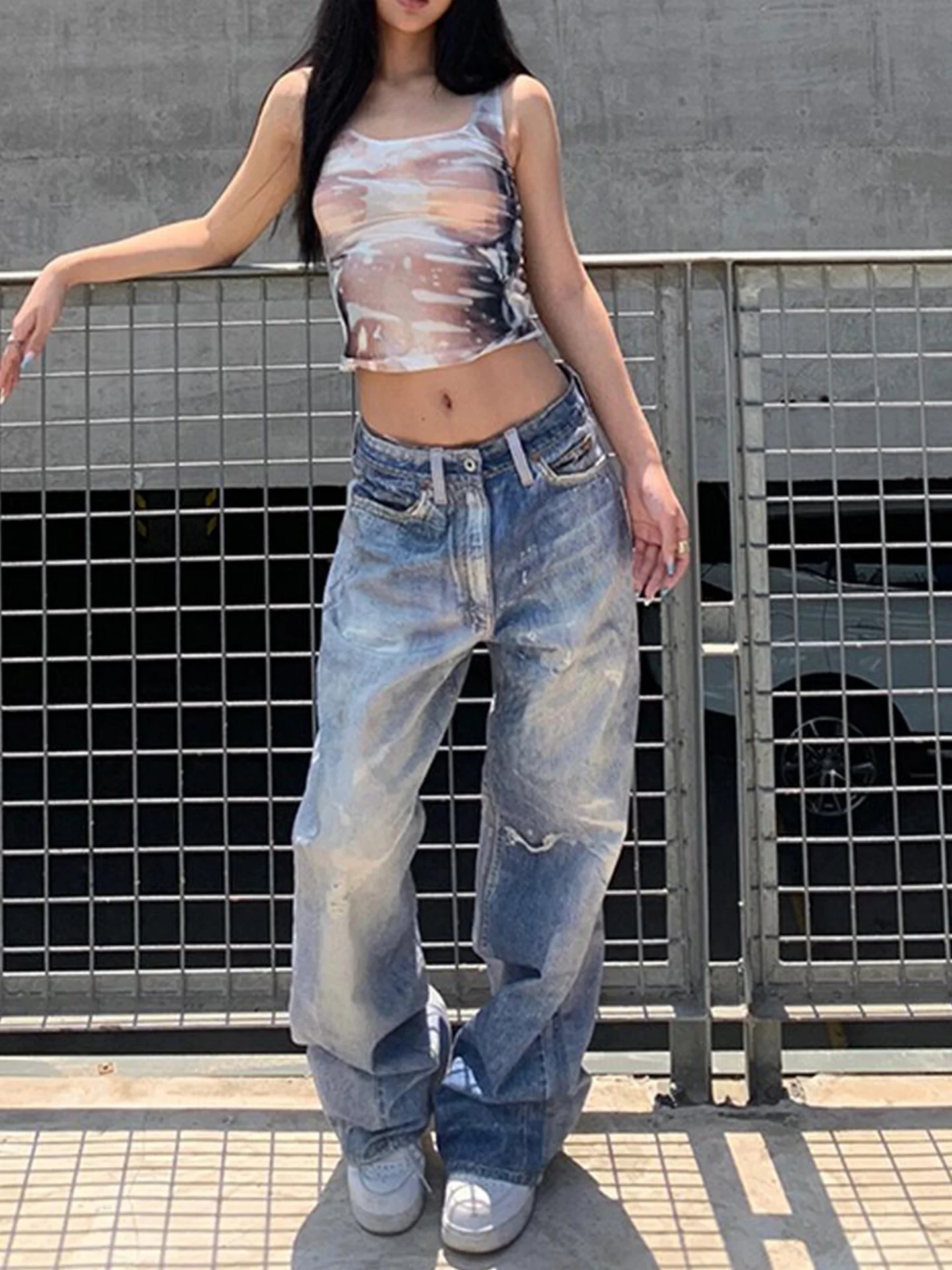 

Американские джинсы в стиле Y2K с эффектом потертости, женские, дизайнерские, винтажные, широкие, в пол