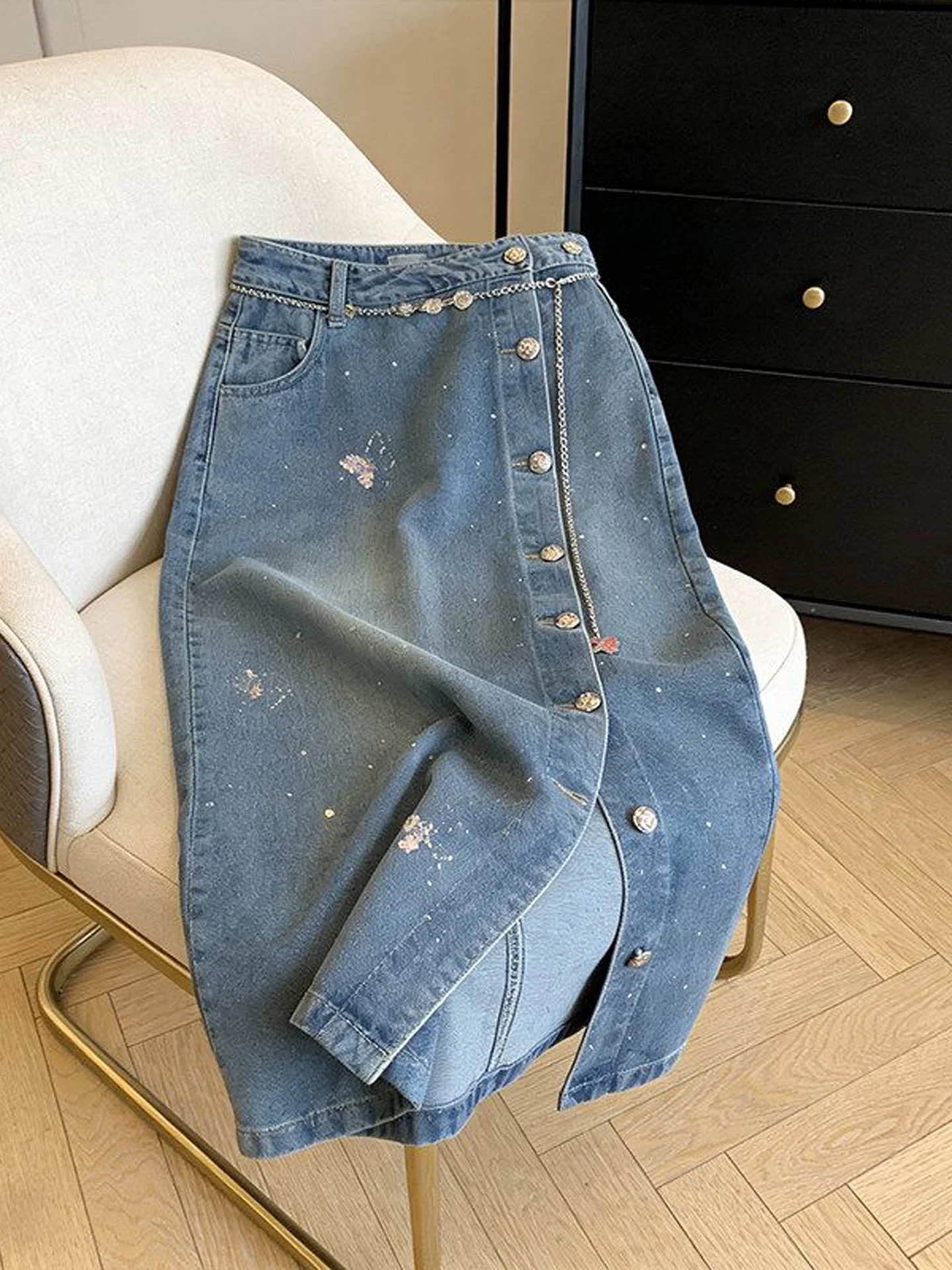 High Waist A-Line  Skirt with Slit And Sequins Women's Jeans Skirts Slimming Versatile Long Skirts Casual European Style