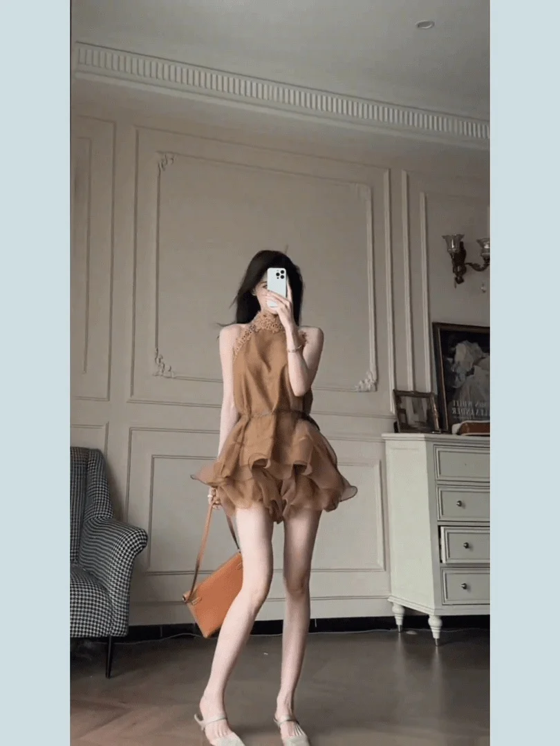

Qiqi High Waist Slimming Dress Neck Hanging Evening Occasion Women's Fashion Set Photography Clothes Korean Style round Neck
