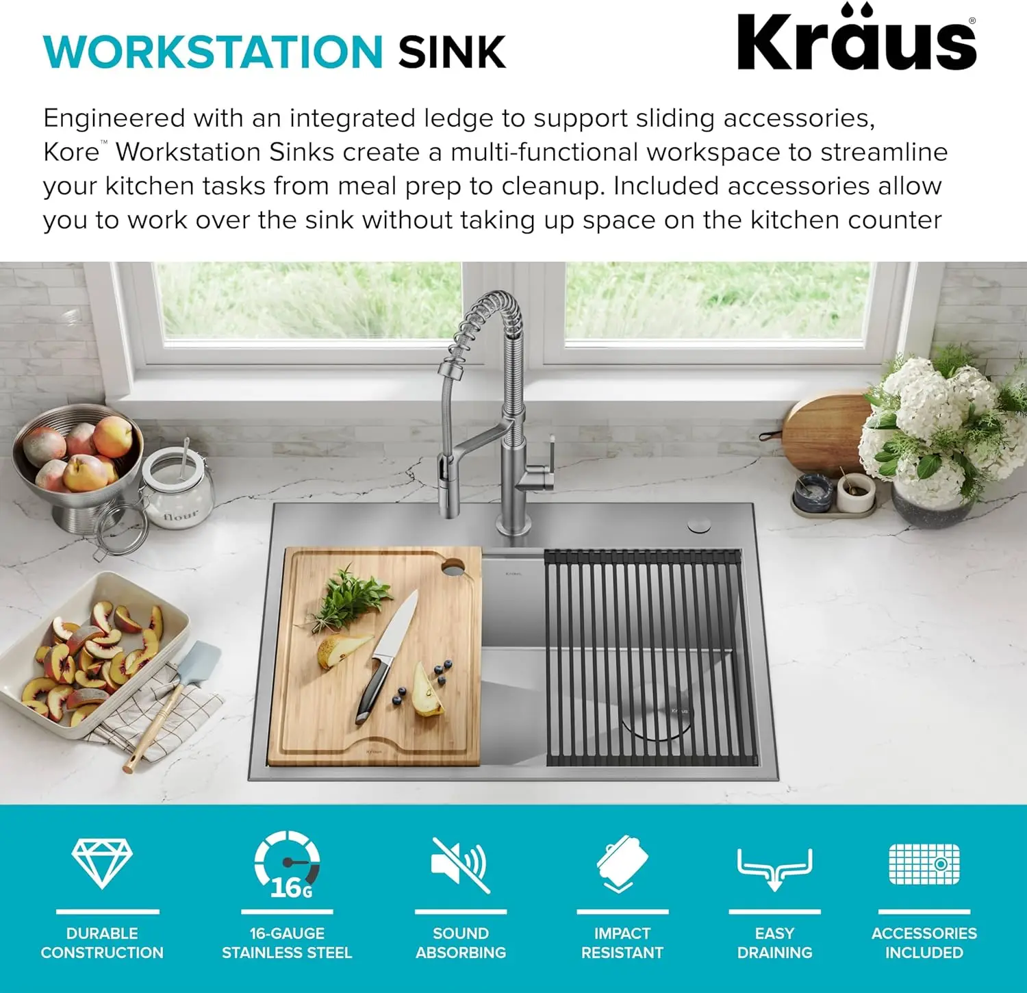 Imagem -03 - Kraus Kitchen Sink com Ledge Integrado e Acc Único Bowl Drop-in 16 Gauge Kwt31030 Kore Workstation 30 Aço Inoxidável