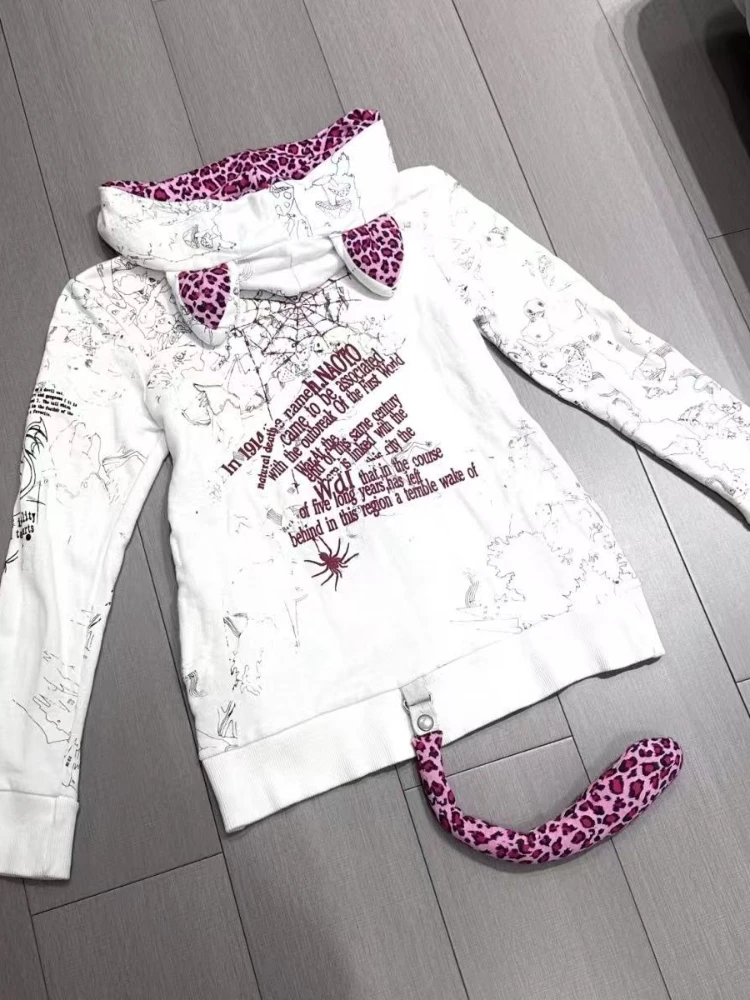 

Japanese Y2k subculture Sweatshirts vintage Fashion Pink Leopard Print Cat Ear Hooded Coat long sleeve Harajuku hot chick Outfit