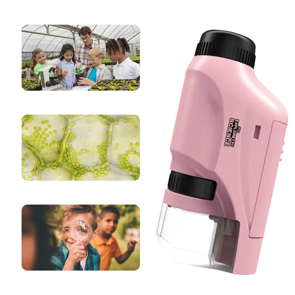Kit de microscopio biológico con luz LED, Mini microscopio portátil con batería, microscopio de mano de laboratorio para niños al aire libre