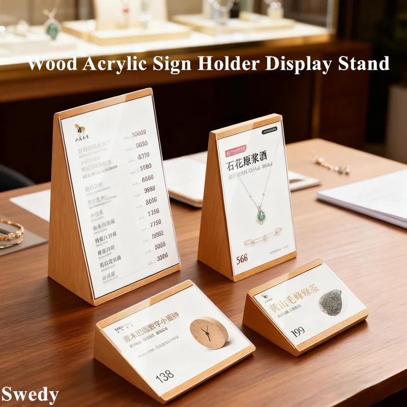 90x55mm Wood Price Label Paper Card Tags Table Number Menu Card Holder Acrylic Sign Holder Display Stand Frame