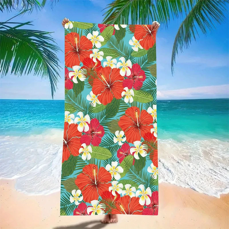 Tropical Hibiscus Beach Towel Vibrant Red And White Flowers With Palm Leaves Design Soft Microfiber Towel