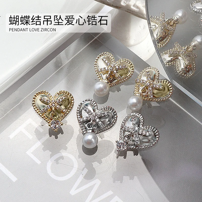 2PCS Glitter Full Zircon Bowknot Love Heart Diamonds Pearl Pendant Alloy Nail Art Rhinestones Jewel Decorations Manicure Charms