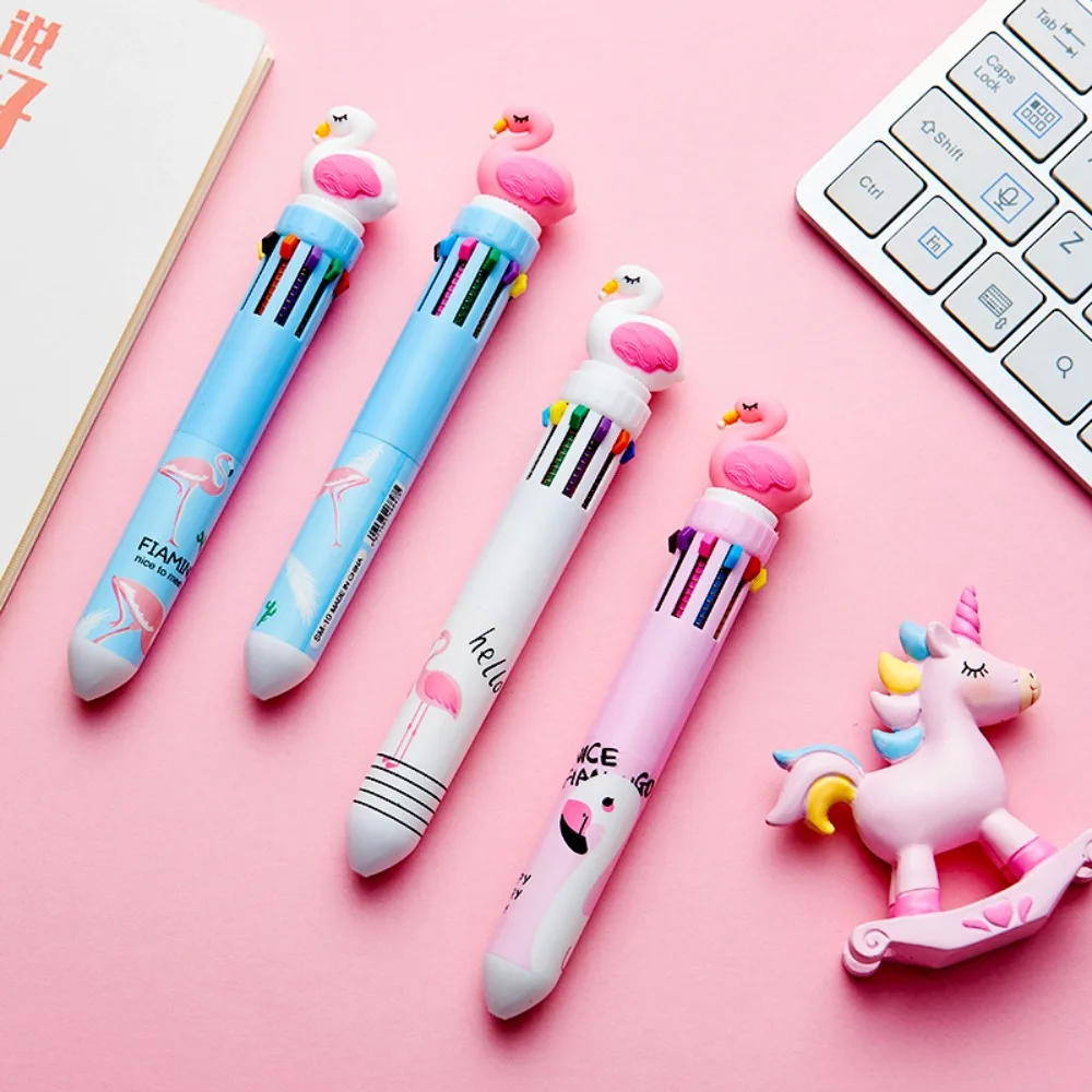 12 Pcs Wholesale Cartoon Cute Flamingo 10 Colors Ballpoint Pens for Student Office Writing Supplies Back To School