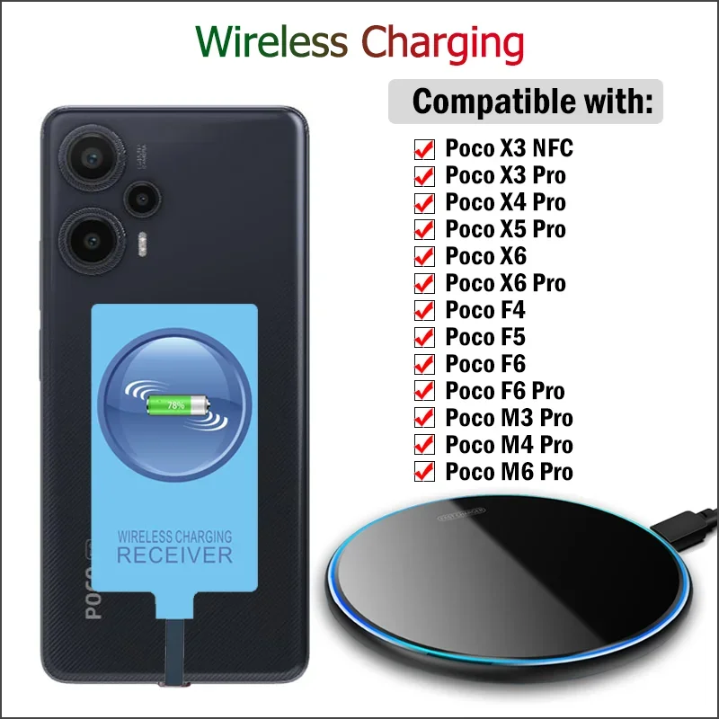 Wireless Charging for Xiaomi Poco X3 X4 X5 X6 Pro F3 F4 GT F5 F6 M3 M4 M6 Pro Wireless Charger+USB Type-C Receiver Adapter