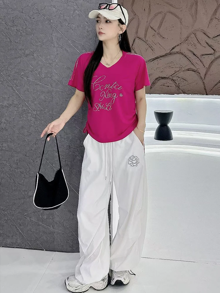 夏の女性のドローストリングスリミングアイスシルクコットン半袖ラウンドネックtシャツ速乾パラトルーパーパンツスクエアダンスパフォーマンス衣装