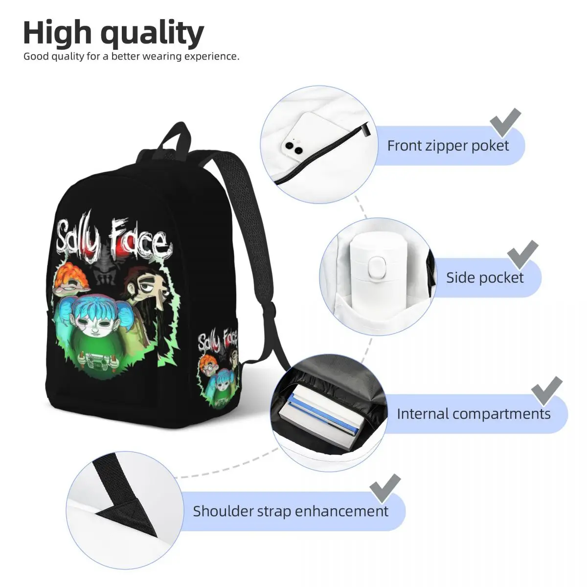 Sally Face Characters Mochila para homens e mulheres, mochila de jogos, bolsas de lona, esportes, estudante, trabalho, laptop, computador, fãs de jogos, clássica