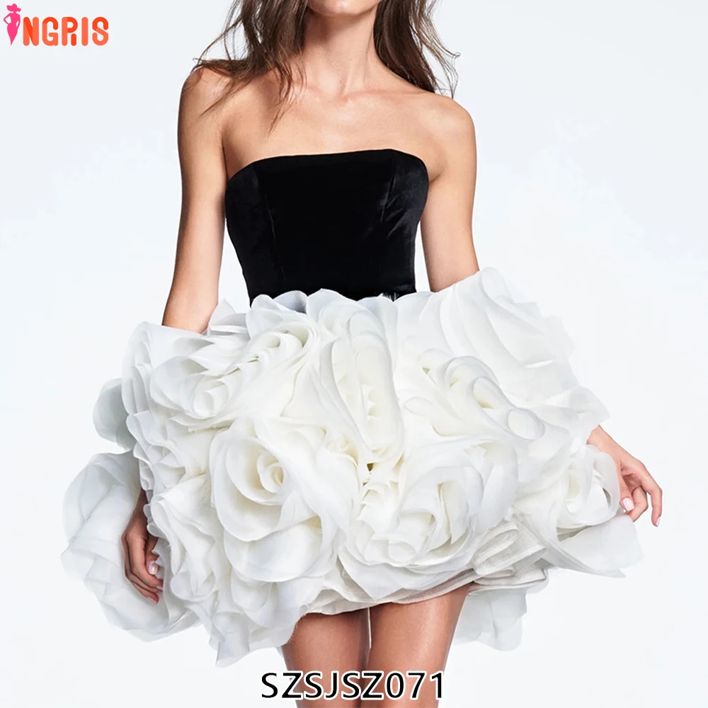 

2025 Fashion New Tutu Skirt 3D Flower Slim Velvet High Waist Solid Color Socialite Party Short Evening Dress-SZSJSZ071
