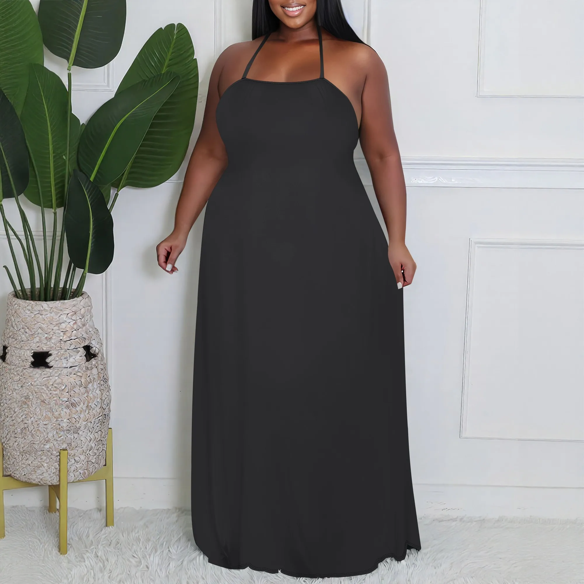 

Plus Size Halter Maxi Dress for Curvy Women Off Shoulder Spaghetti Strap Casual Sexy Loose Sleeveless Solid Color Sundress