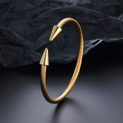 Two conical stainless steel C-shaped bracelets with twisted steel wire design, classic punk style jewelry