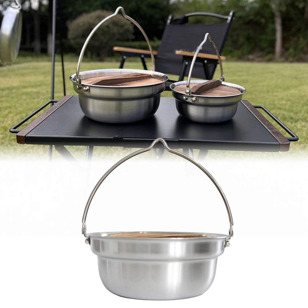 

Подвесная сумка для хранения кастрюли 4,5 л, походная кастрюля из нержавеющей стали 4,5 л с деревянной крышкой для приготовления пищи на открытом воздухе, ручная кастрюля для пикника