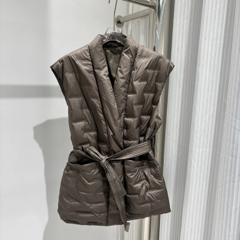 الشتاء الخريف الأبيض بطة أسفل سترة فضفاضة البخاخ أسفل سترة دون أكمام حزام المرأة خفيفة الوزن الأبيض بطة أسفل صدرية الإناث