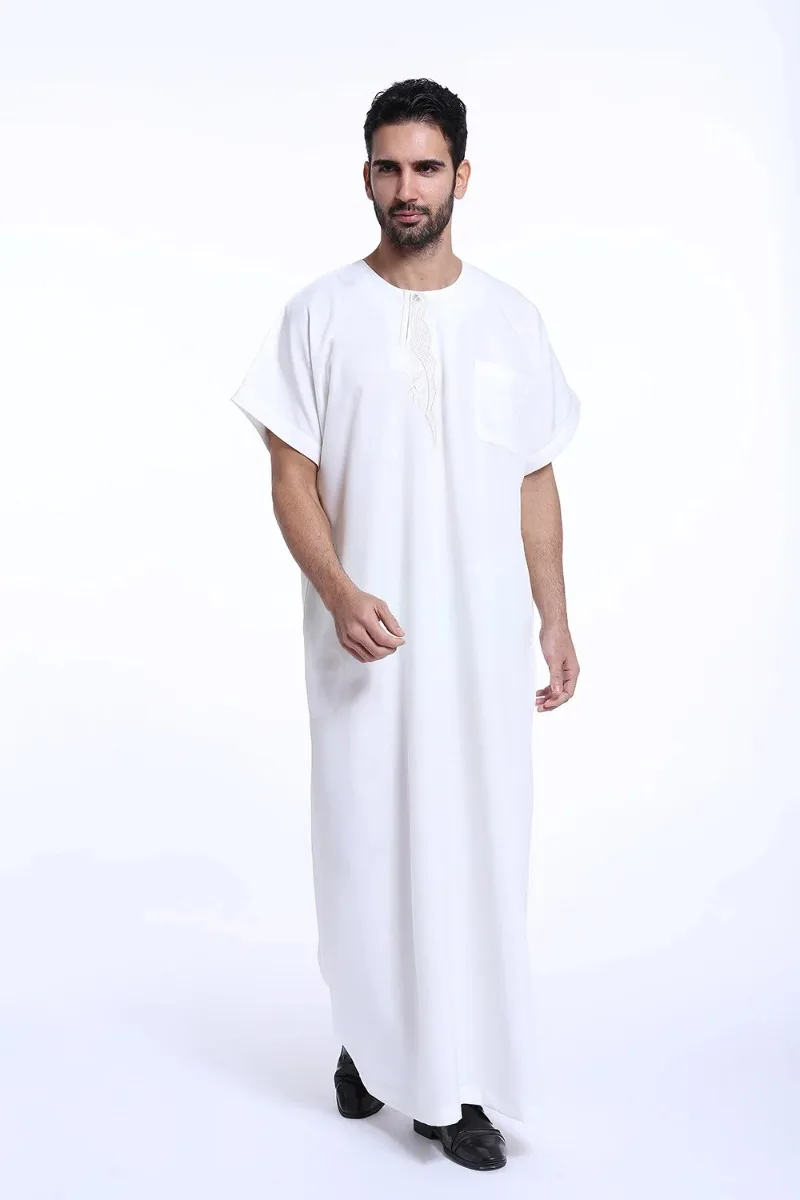 Islamska saudyjska szata Kaftan Thawb mężczyźni muzułmańskie wycięcie pod szyją haft dubaj długa abaja Ramadan Thobe Arabia sukienka z krótkim rękawem kaftan