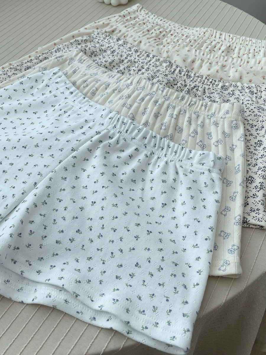 Pantaloncini a costine con occhielli floreali in cotone Donna Estate Tre bottoni Patchwork Pantaloni corti dritti Dolce e carino Biancheria intima casual per la casa Y2k