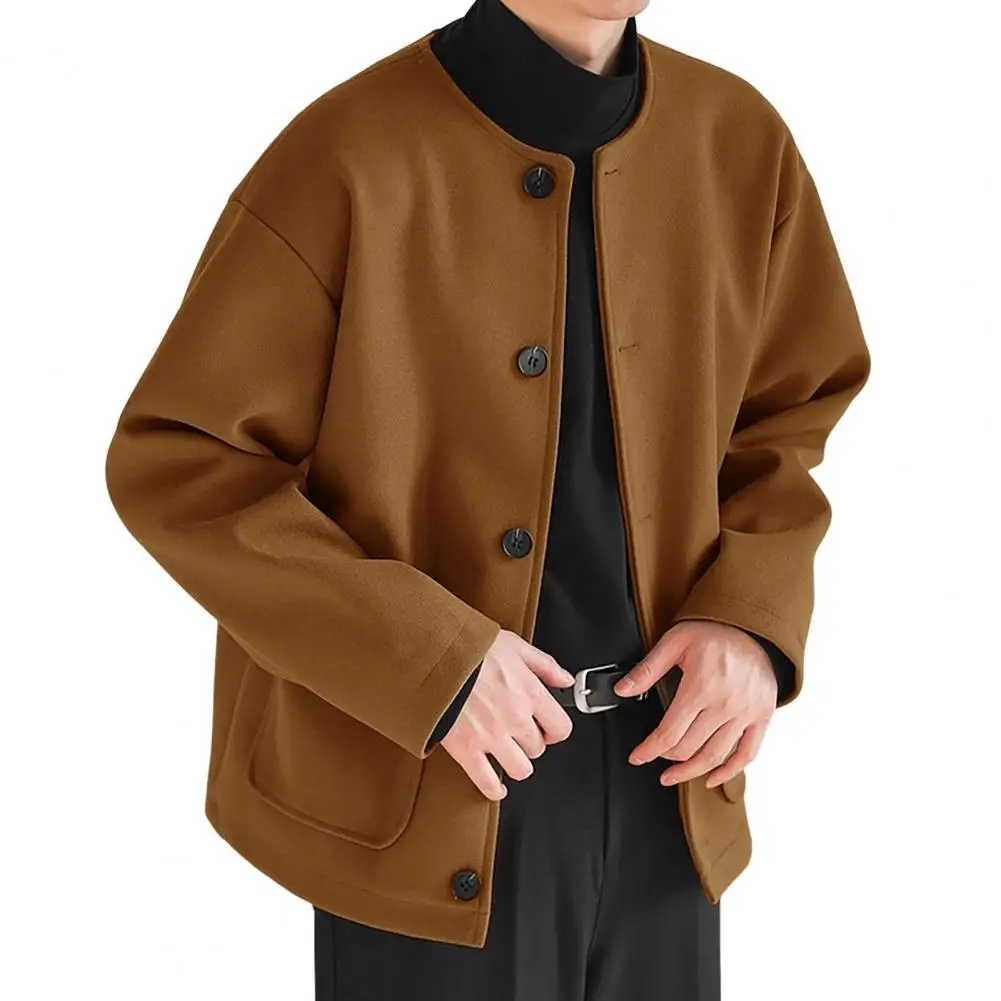 

Single-breasted Wool Coat Men's with Round Neck Pockets Classic Single Breasted Winter Overcoat