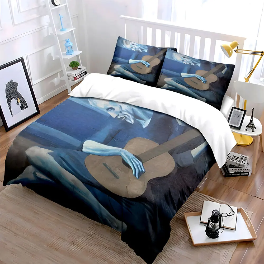 Melancholic Elder Holding Guitar Painting Bedding Set for Kids Luxury Gift 3pcs Digital Print Comforter Set Soft Comfortable