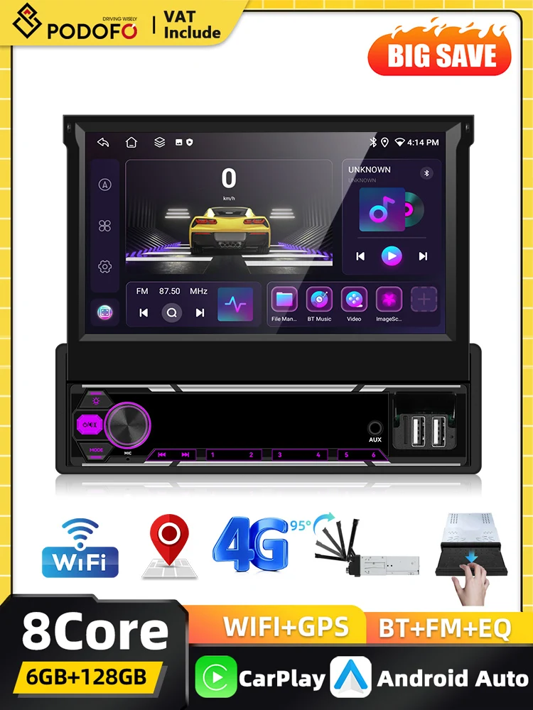 Podofo 6+128G Wyjmowany Ekran 1 Din Android Radio Samochodowe Multimedialne Carplay Nawigacja GPS WIFI Bluetooth FM AM Mirror Link — 2
