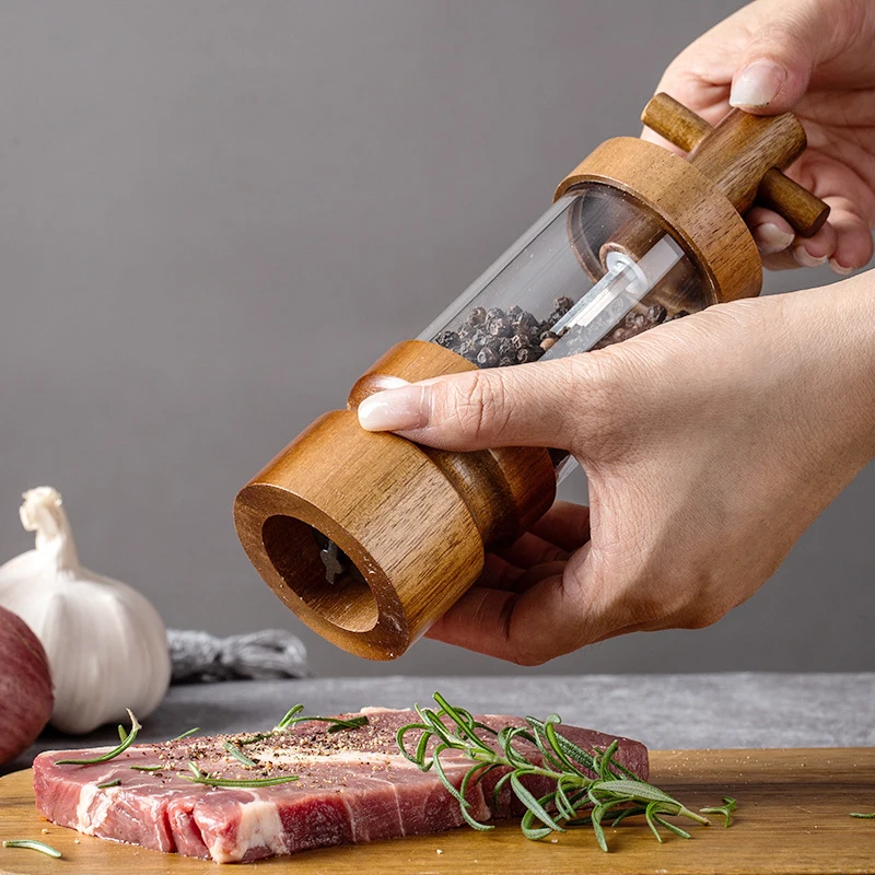 1PC/3PCS Creative Pepper Grinder, Acacia Wood Home Acrylic Transparent Pepper Mill, Kitchen Lantern Sea Salt Grinder Bottle