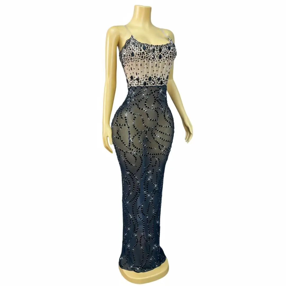 Women Luxury Prom Gowns Black Rhinestones Patchwork High Stretchable Maxi Long One Piece Celebrity Evening Party Gala Gowns