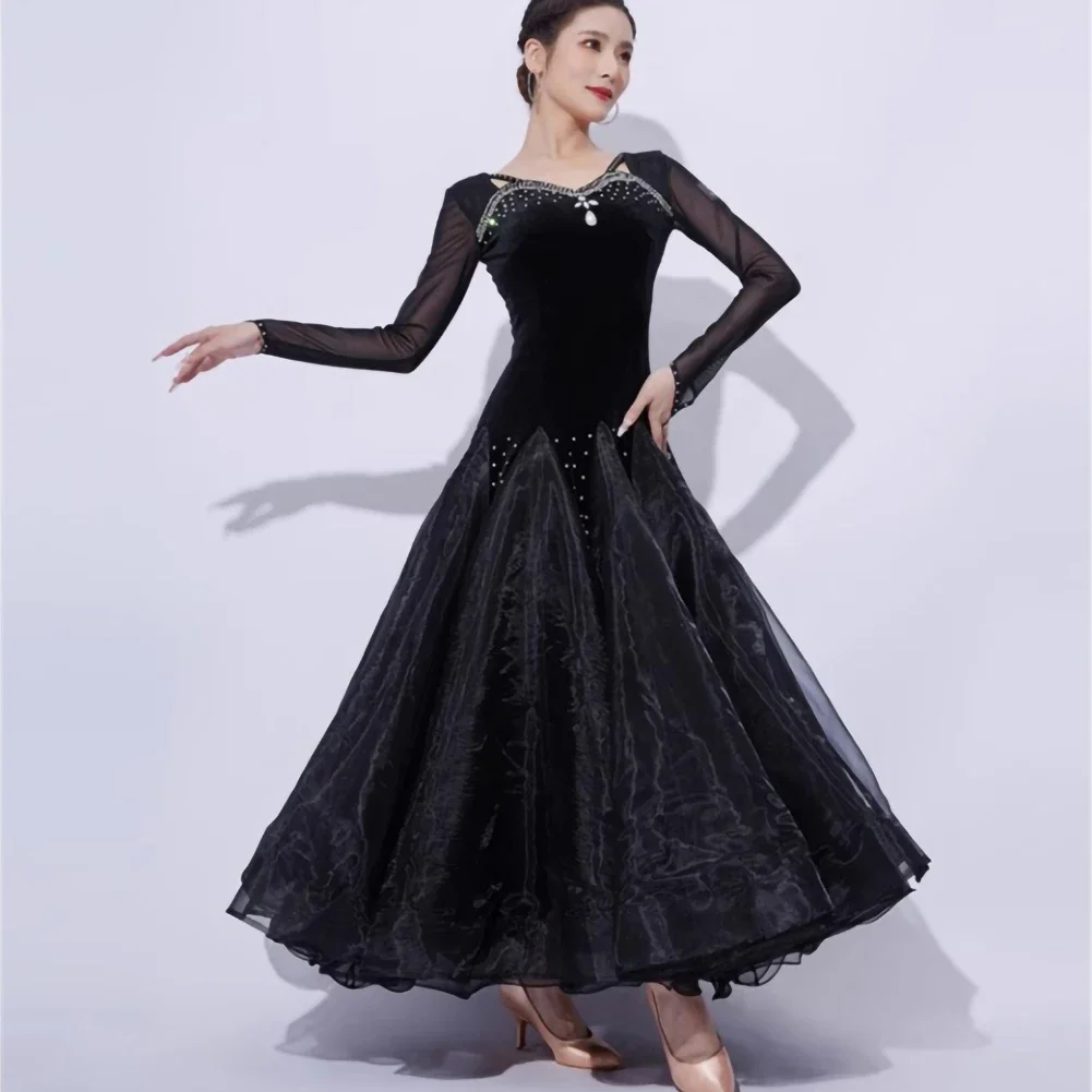 Novo estilo vestido valsa padrão vestido de baile manga longa vestido de dança feminino vinho vermelho preto desempenho