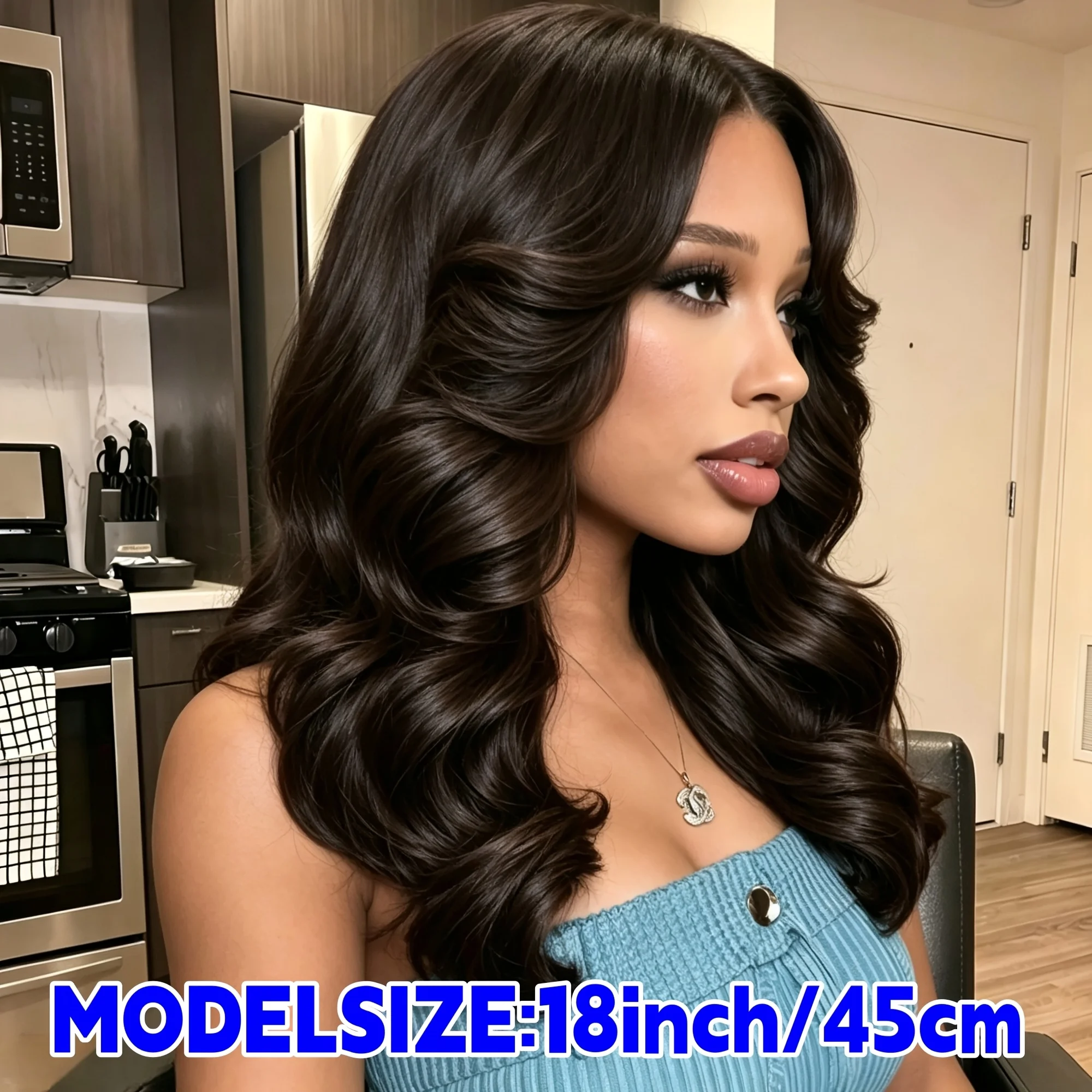 attractive 18-inch deep brown wavy wig, made of heat-resistant fibers, featuring a middle part and a natural-looking appearance