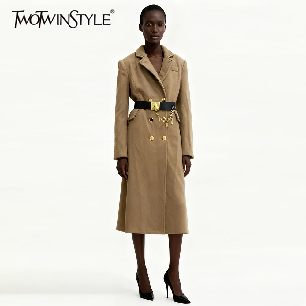 

TWOTWINSTYLE Slimming Spliced Belt Minimalist Coats for Women Lapel Ong Sleeves Patchwork Pockets Basics Coat Female Fashion New