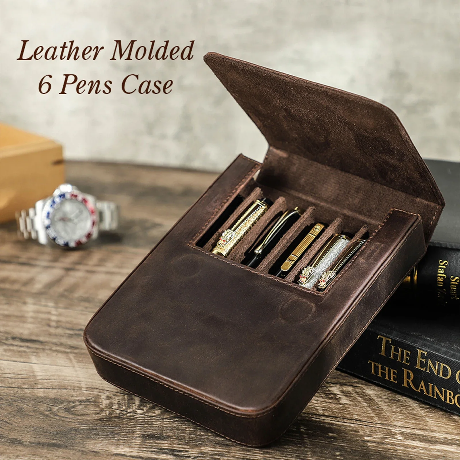 High-end Genuine Leather 6 Slots Hard Fountain Pen Case pens Storage Box Organizer school office supplies Exquisite student Gift