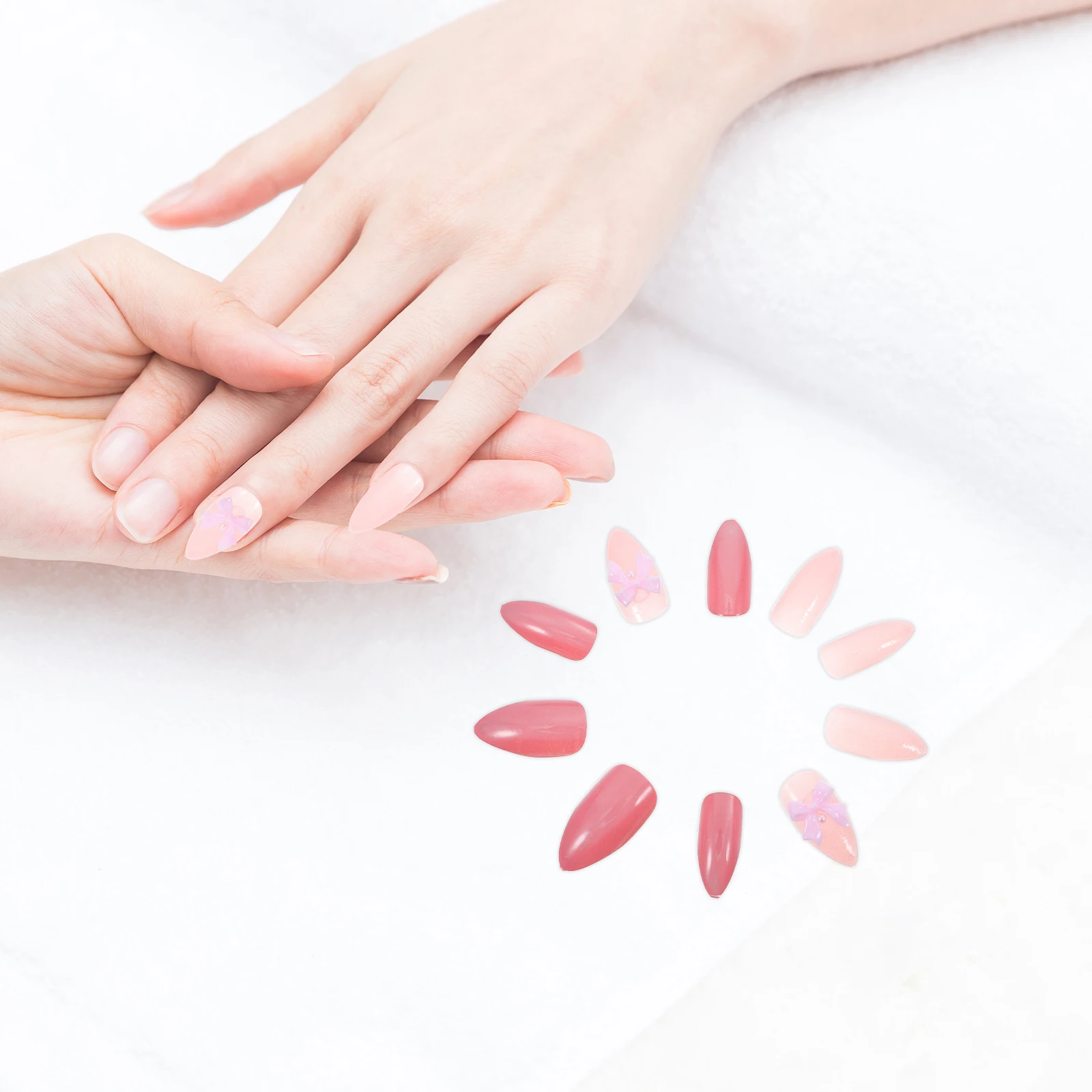 

24pcs Bowknot Press On Nails Fake Almond Shape Full Cover Glue On Nail Tips For Women Daily Wear Party Use Cute Bow Nails Art