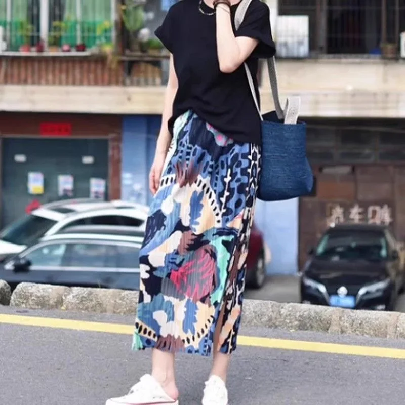 

Miyake Pleated Summer Vacation Colorful Pattern Ready-to-wear Pleated Midi Comfortable Breathable Long Skirt for Women