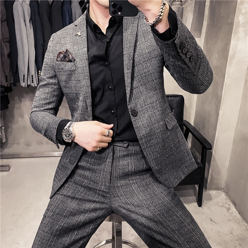 (Jacket+Pants) 2024 Groom\'s Wedding Dress High Quality Business Suits Men\'s Plaid Slim Fit Casual Tuxedo Fashion Blazers 6XL 7XL