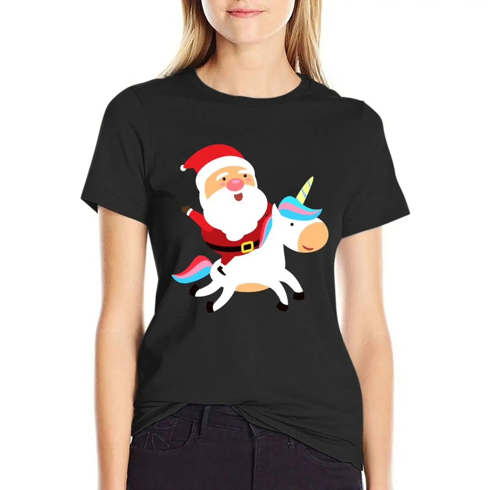 

Santa Claus Unicorn Christmas Art | Xmas Design Gift T-Shirt summer tops anime Blouse workout shirts for Women