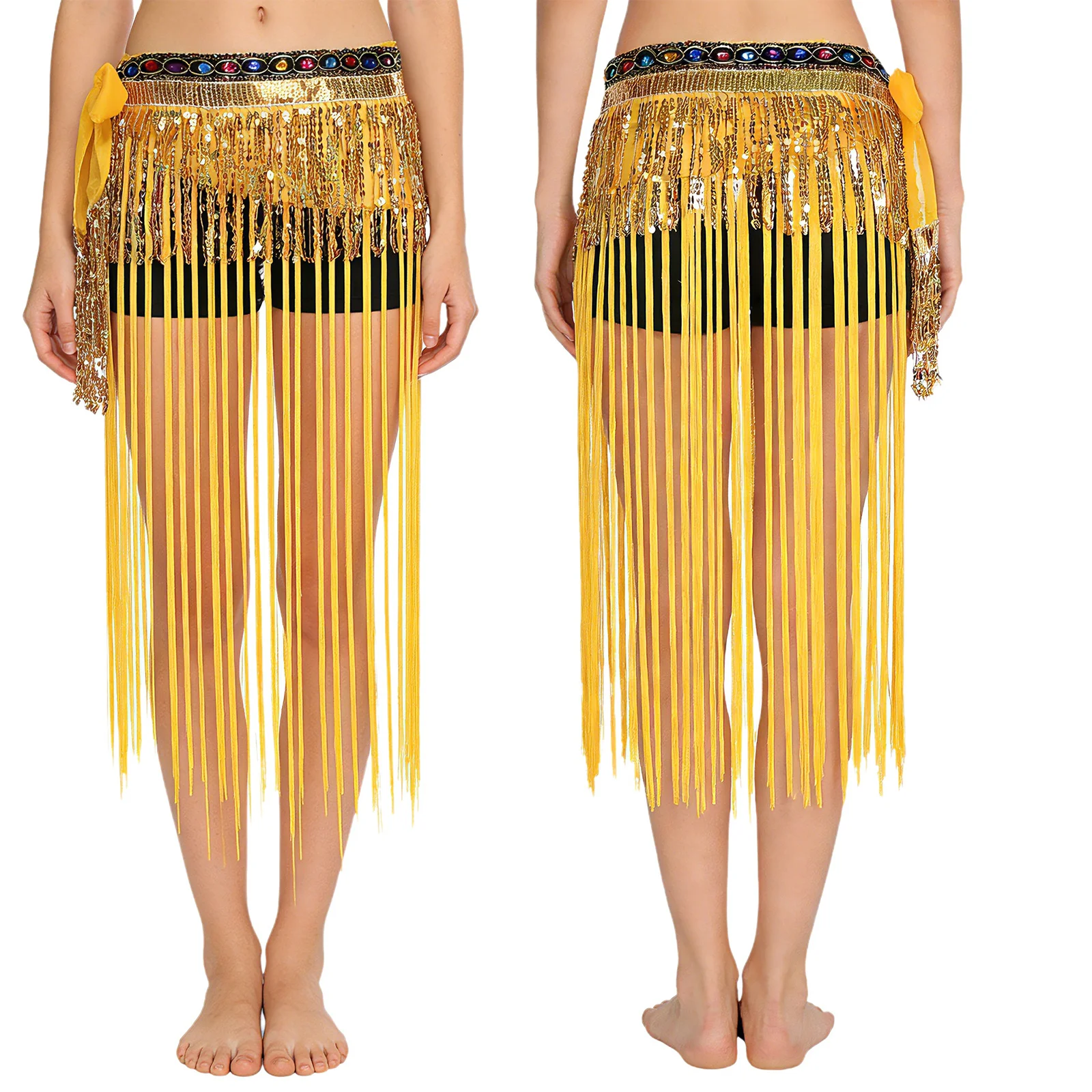 

Женский костюм для восточных танцев: пояс с бахромой, разноцветным декором из камней, многоярусная юбка с пайетками и кисточками, цепочка на талию, современная танцевальная одежда