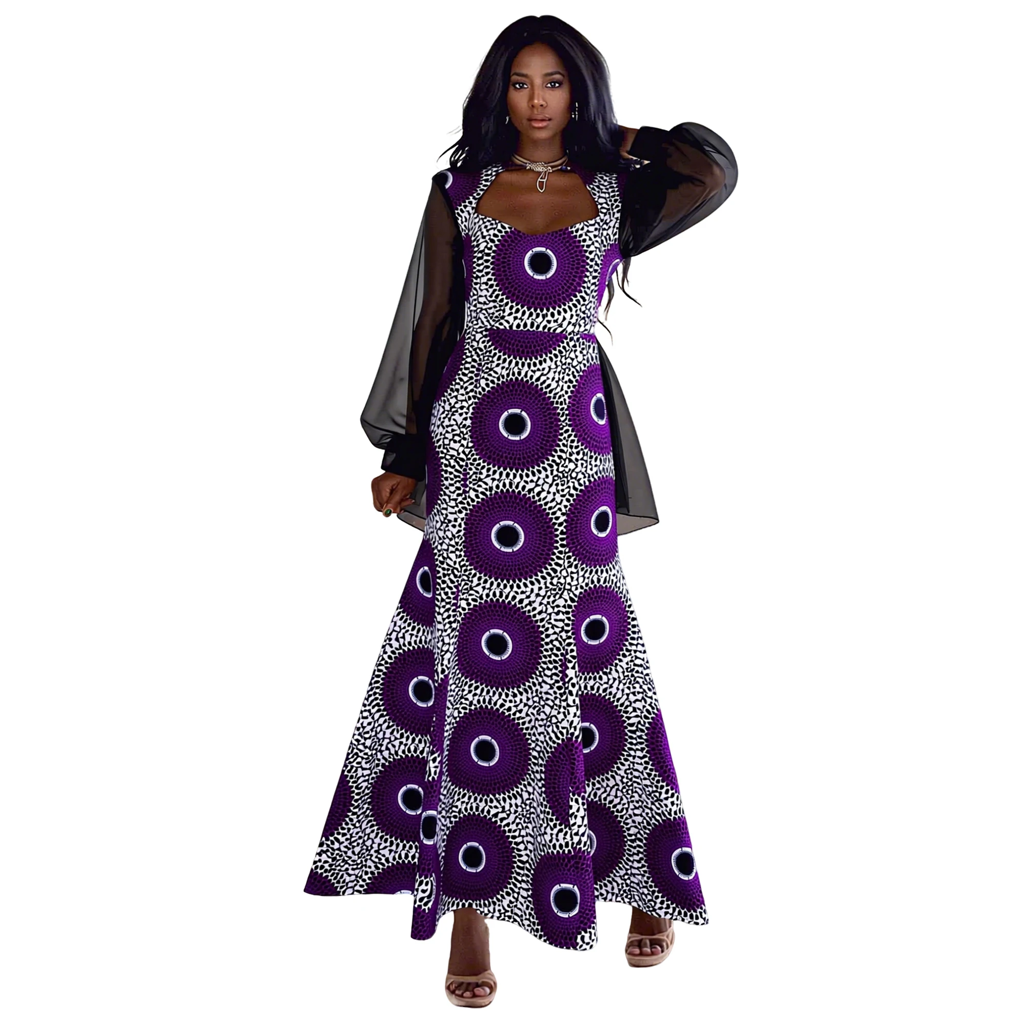 New Ethnic African Dashiki Maxi Gown Hollow Chest Design Black Chiffon Sleeve Vibrant Ankara Print Wedding Church Long Dresses