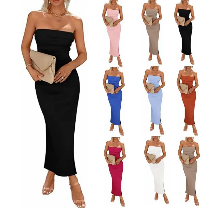 Summer Vintage Bra Casual Slim Elegant Evening Sleeveless Off Shoulder Night Split Sexy Maxi Long Dress Vestidos Sexy Women