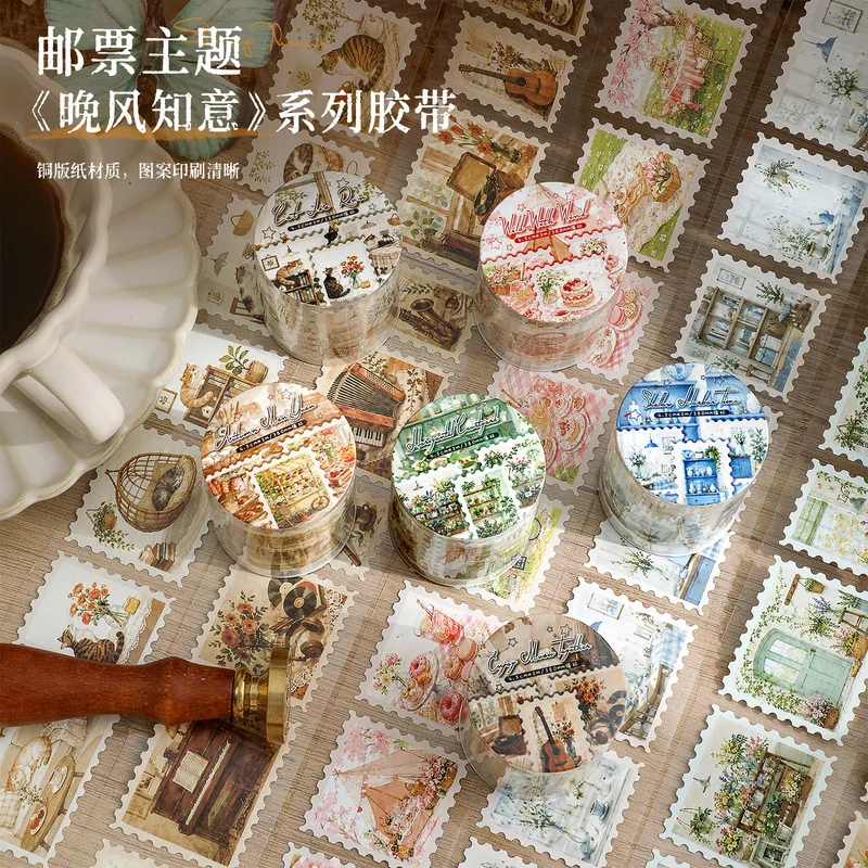 1 Roll Evening Wind Knows Copperplate Paper Self-Adhesive Tape Vintage Stamp Design for Diary Album Planner Decor